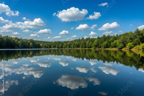 A calm lake reflecting surrounding trees and blue sky, with still water creating mirror symmetry