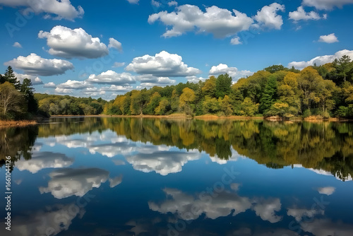 A calm lake reflecting surrounding trees and blue sky, with still water creating mirror symmetry