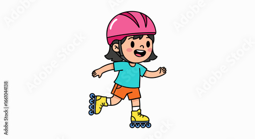 Child wearing safety helmet and roller skates