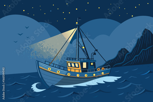 Serene fishing boat navigating dark waters, illuminated by warm, glowing lantern lights, evokes tranquility and peaceful journey.