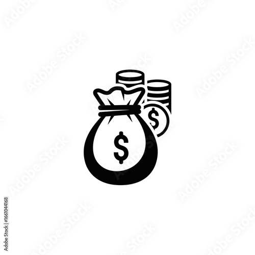 A stylized black and white graphic depicting a drawstring money bag with a dollar sign, accompanied by a stack of coins, symbolizing wealth and financial gain.