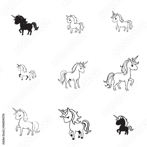 set of black and white unicorn bundle pack collection 
