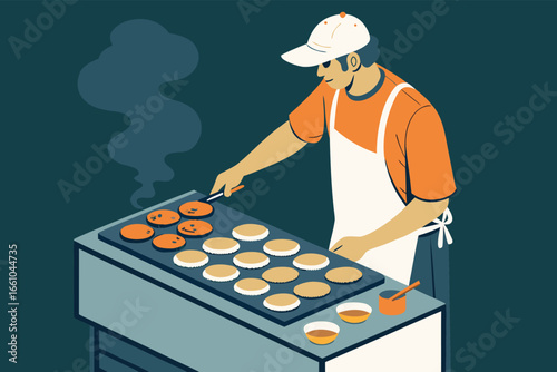 A street vendor skillfully cooks hotteok pancakes on a grill.