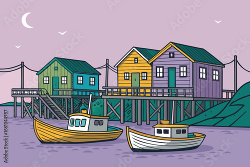 Picturesque fishing village houses perched on stilts, serene waters reflecting moored boats, creating a tranquil, waterfront community scene.