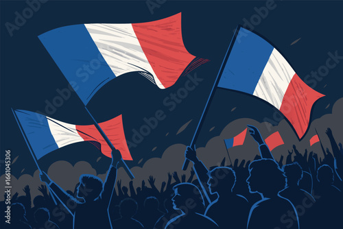 Dynamic night scene, jubilant crowd, waving revolutionary flags, illuminated, vibrant, triumphant, hopeful, freedom symbols, energetic.