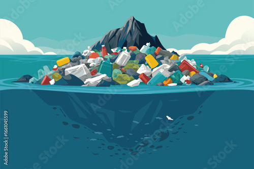 A vast, churning ocean filled with a massive, drifting island of colorful plastic debris, representing environmental pollution and its impact.
