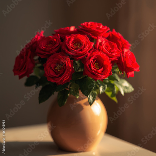 Buket Mawar Merah Segar dalam Vas Keramik