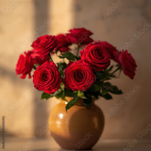 Karangan Bunga Mawar Merah dalam Vas Tanah Liat