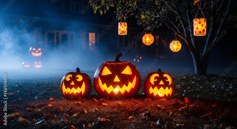Fototapeta premium Three glowing jackolanterns sit on grass with hanging lanterns and a house in the background fog adds to the ambiance