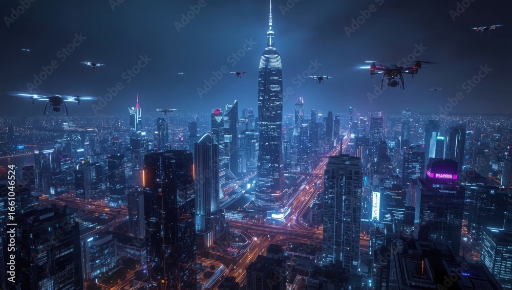 Fototapeta premium Futuristic cityscape with drones flying over the illuminated buildings