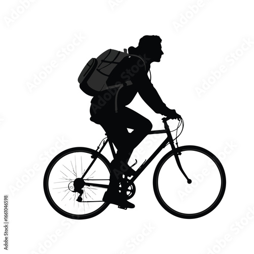 Silhouette of a person riding a bicycle with a backpack on their back against a white background