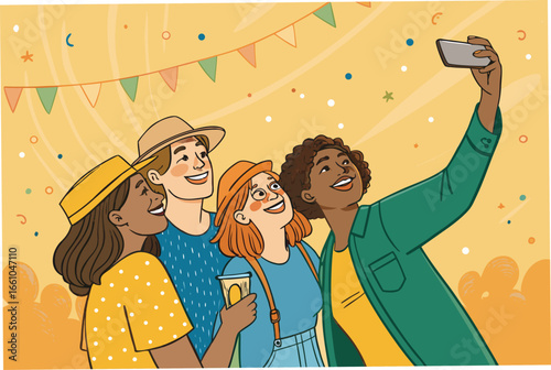 Cheerful friends captured in a flat, bold c-style group selfie at a vibrant party, radiating joy and connection.