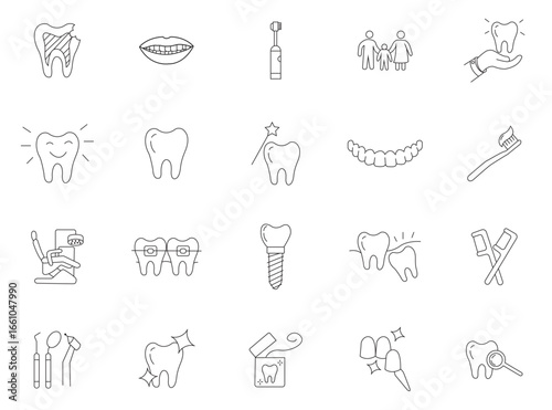 vector set of dental icons,Set of dental icon with that reflect the theme of dentist activity,Stomatology service pixel perfect line icons set. Teeth whitening, dental diagnosis.