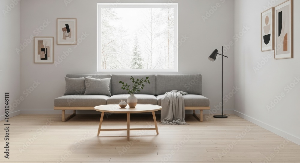 Fototapeta premium Minimalist living room with gray sofa, wooden table, and modern wall art