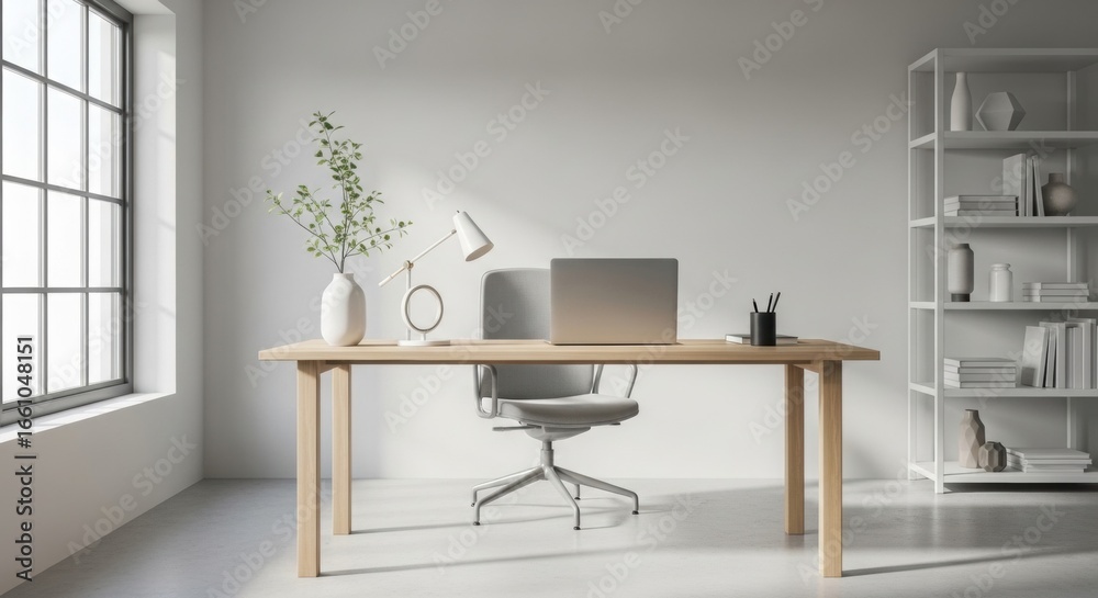 Fototapeta premium Minimalist home office with wooden desk, laptop, and modern bookshelf