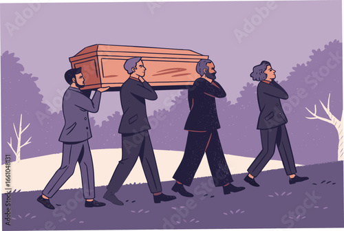 Solemn funeral procession, pallbearers carry coffin, grieving mourners walk, somber mood, religious ceremony, procession.