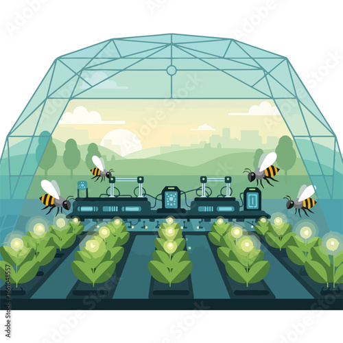 Futuristic greenhouse with robotic pollinators and buzzing bees over rows of glowing plants inside