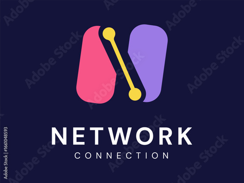 Network Connection with Letter N Abstract colorful network technology Analysis logo vector design concept. Letter N logotype ideas for cyber security, Big data, ui, Advanced Technology, website.