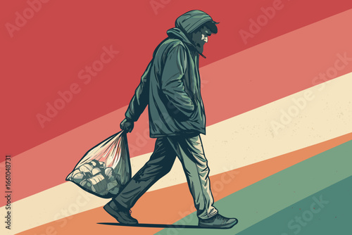 A destitute person with a plastic bag overflowing with possessions, highlighting urban hardship and social struggle.