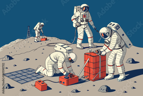 Astronauts in space assembling equipment.