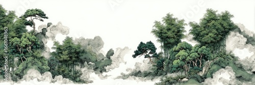 Lush landscape with trees and mist