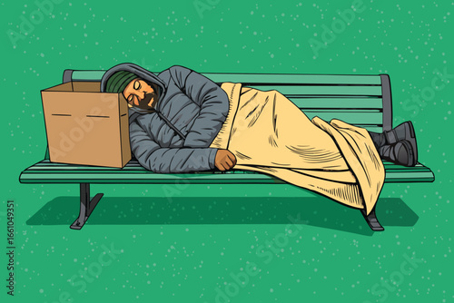 A homeless person sleeps on a park bench, covered by cardboard, facing adversity.