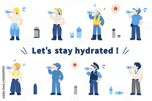 水分補給をする働く人々[男性]と飲み物のフラットなイラスト(セット)
