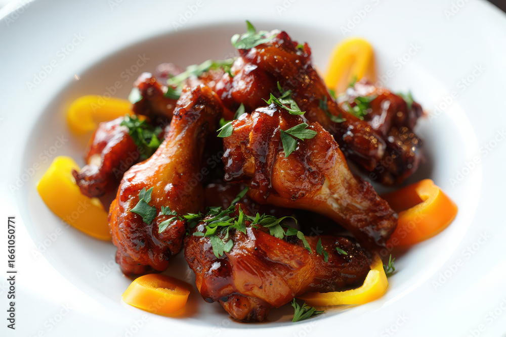 Fototapeta premium Delicious glazed chicken wings with fresh parsley and bell peppers