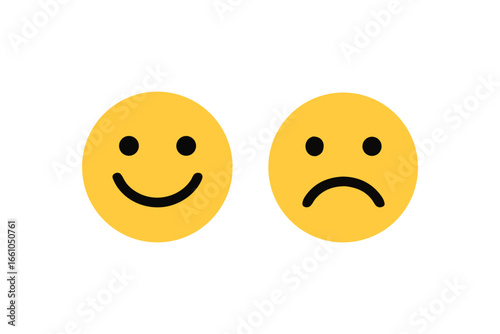 Happy and Sad Faces Yellow Emoticons Symbolizing Opposing Emotions and Human Feelings Vector Illustration Background