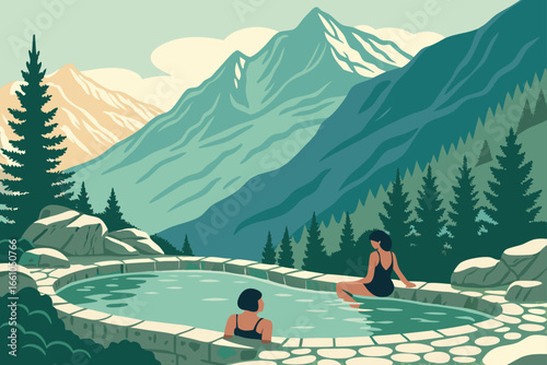 Tourists relaxing in a hot spring surrounded by mountains.
