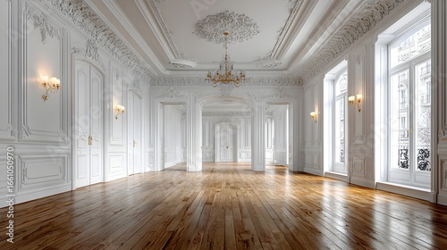 A spacious white interior room features ornate moldings, chandelier, and hardwood floo with natural light.