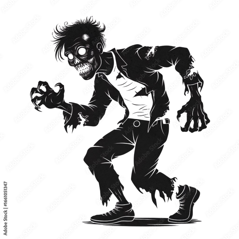 Fototapeta premium Black and White Illustration of a Decaying Zombie in Motion
