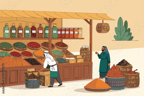 Vibrant traditional spice market with abundant jars and sacks.