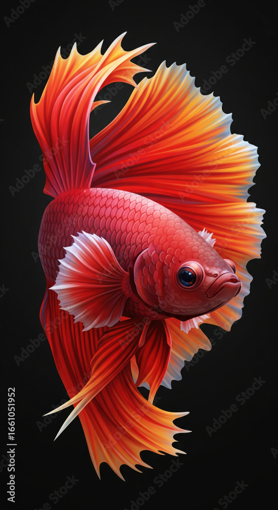 Fototapeta premium Vibrant red betta fish with flowing fins, detailed scales, and dramatic lighting on black background, showcasing elegance and beauty in aquatic life