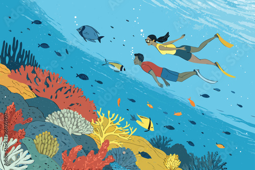 Tourists snorkeling above a vibrant coral reef teeming with fish.