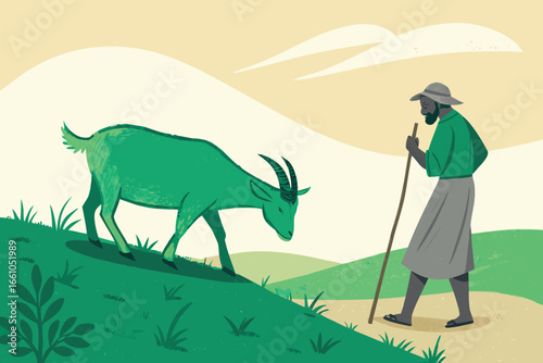 A brown goat grazes contentedly in a green field as a weathered farmer watches, holding a wooden stick, rural scene.