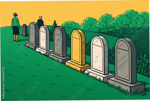 Somber scene gravestones in neat rows, mourners gathered, somber faces, remembrance, grief, quiet dignity, a solemn procession.