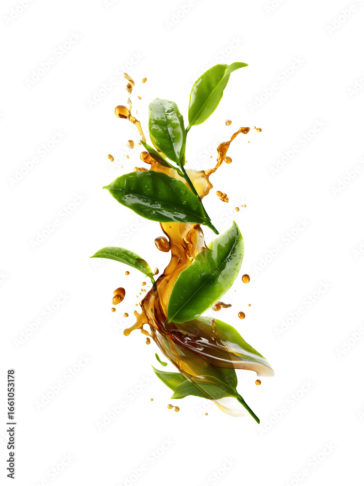 Obraz premium Small green tea leaves with swirling tea splashes