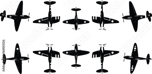 Airplane silhouette icon set featuring multiple views of World War II‑style fighter planes for aviation, history, and transportation design projects