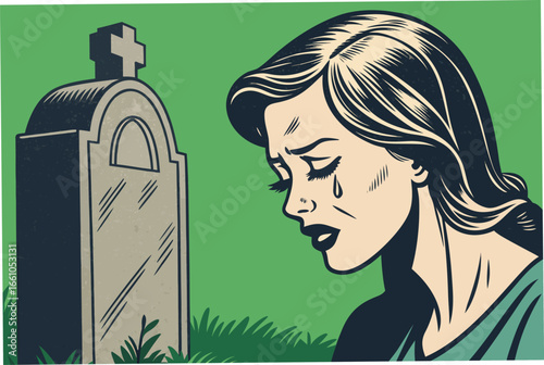 A sorrowful woman kneels beside a stark, weathered gravestone, her grief palpable against the somber backdrop, conveying deep loss and remembrance.