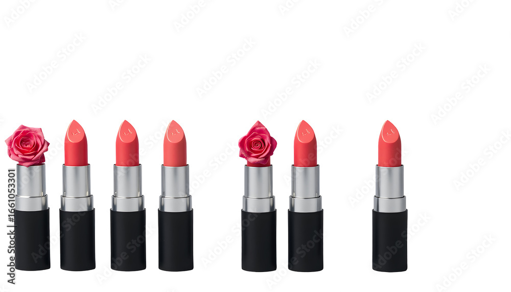 Obraz premium Collection of coral lipsticks and roses on a transparent background