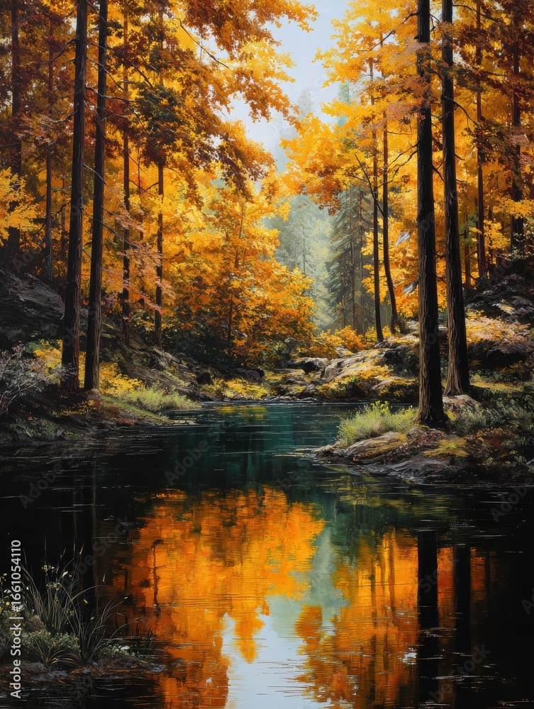 Fototapeta premium autumn forest pond vibrant color contrast
