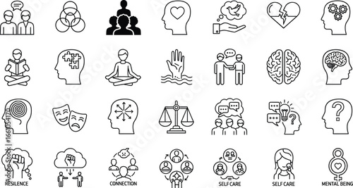 Mental health and well‑being icon set featuring resilience, connection, self‑care, mindfulness, balance, and therapy symbols for wellness design projects