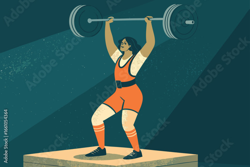 Muscular weightlifter triumphs with barbell overhead at the Olympics.