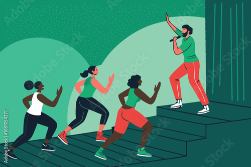 Energetic group fitness class follows dynamic instructor leading motivational workout on bright, elevated stage.