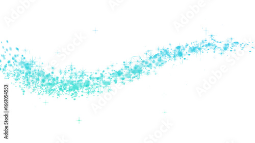 Waving trail of sparkling turquoise glitter particles. Isolated magic dust swoosh PNG clip art for a fantasy effect, cosmetic ad, or elegant design element.