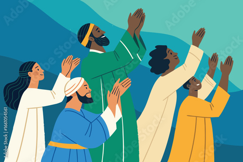 Joyful diverse believers raising hands, clapping rhythmically, celebrating faith, communal prayer, spiritual upliftment, vibrant worship.