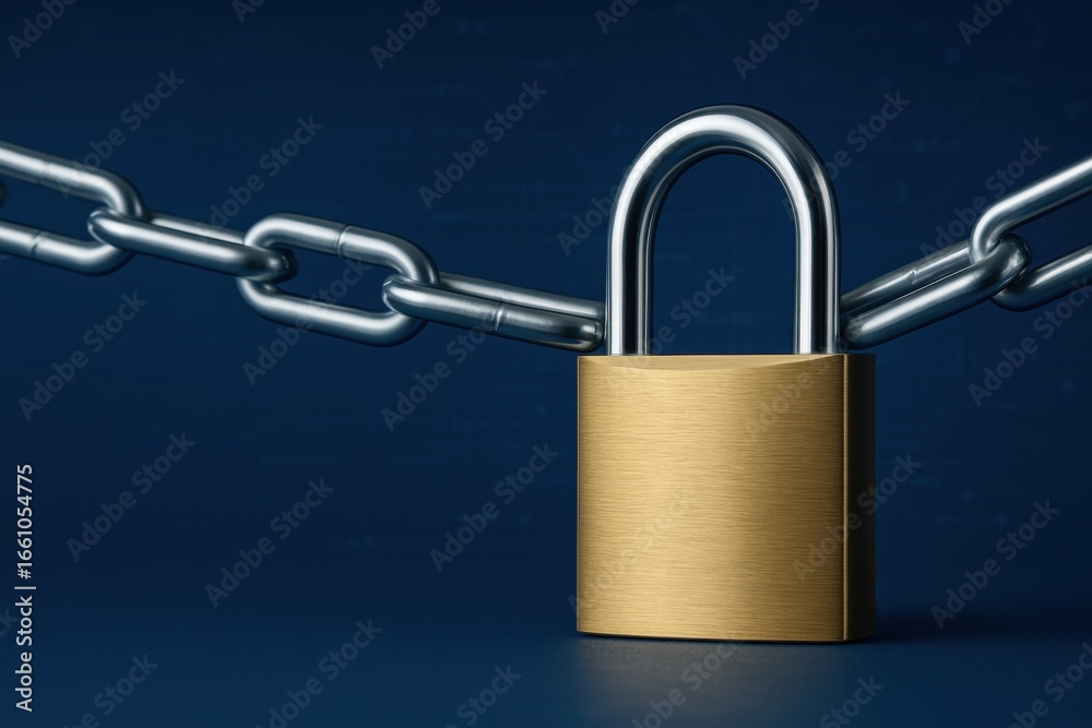 Secure Context of Digital Safety with a Golden Padlock and Metal Chain Symbolizing Protection and Privacy in Cybersecurity Realm Secure Context of Digital Safety with a Golden Padlock and Metal Chain Symbolizing Protection and Privacy in Cybersecurity Realm