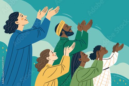 Joyful group of diverse believers enthusiastically clapping hands in unison during a powerful spiritual worship service, capturing moments of shared faith and uplifting atmosphere.