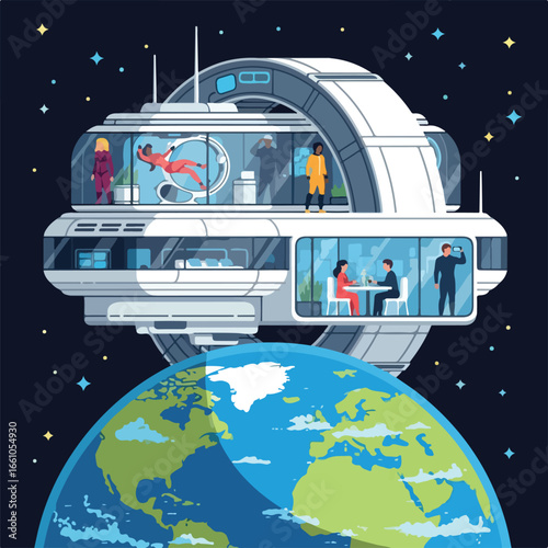Futuristic space station orbiting earth with people inside enjoying various activities and zero gravity